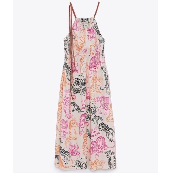 NWT ZARA X DISNEY Midi Dress Jungle Book Sketch Print Halter Rope Tie Pleated S - Picture 12 of 13